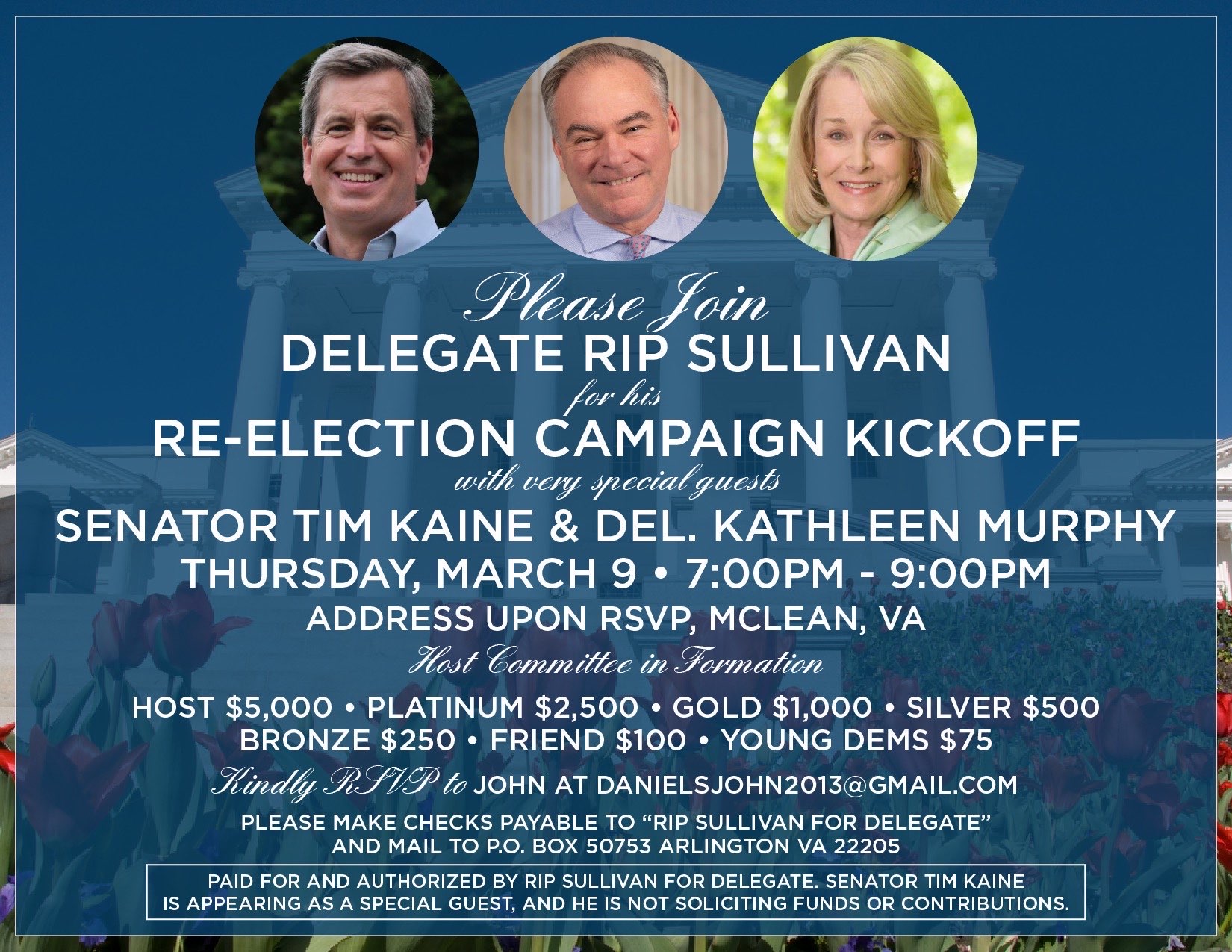 Campaign kickoff graphic with Delegate Rip Sullivan, Senator Tim Kaine, and Delegate Kathleen Murphy